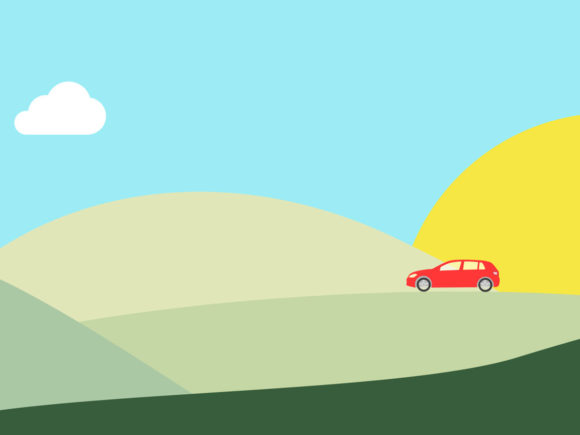 Ein rotes Auto fährt über sanfte Hügel unter einem blauen Himmel mit Wolken und einer gelben Sonne.