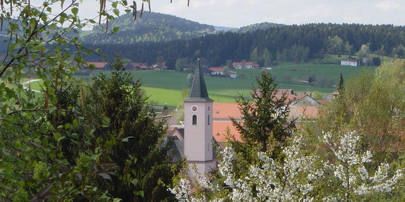 Eine Kirche mit einem hohen Turm, umgeben von Bäumen und Wiesen in einer ländlichen Umgebung.