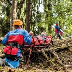 Bergwachtmitglieder transportieren eine verletzte Person in einer Trage durch den Wald.
