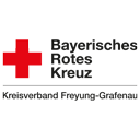 Logo des Bayerischen Roten Kreuzes in rot und schwarz mit einem stilisierten Kreuz.