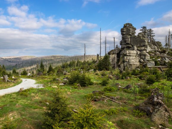 Felsenformation namens Dreisessel in einer Waldlandschaft mit Wanderweg.