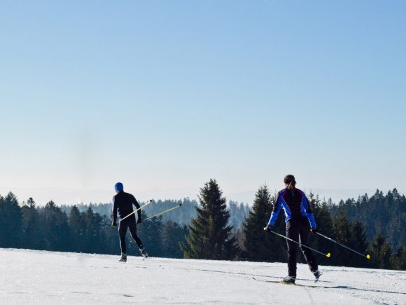 Zwei Personen beim Langlaufen auf einer schneebedeckten Fläche mit Bäumen im Hintergrund.