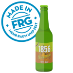 Grüne Bierflasche mit dem Etikett 1856 und einem blauen Aufkleber mit der Aufschrift 'Made in FRG'.
