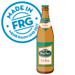 Illustration einer Bucher Helles Bierflasche mit einem blauen Aufkleber, der 'Made in FRG' zeigt.