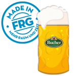 Ein Bierkrug mit hellem Bier und Schaumkrone, versehen mit dem Bucher-Logo.