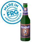 Grüne Bierflasche mit dem Etikett von Goaßerl und dem Aufdruck 'Made in FRG'.