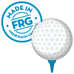 Grafik eines Golfballs mit einem Aufkleber, der 'Made in FRG' zeigt.