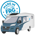 Illustration eines Wohnmobils mit dem Aufkleber 'Made in FRG' im Hintergrund.