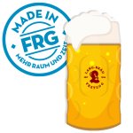 Ein Glas Bier mit Schaumkrone und einem Aufkleber, der 'Made in FRG' zeigt.