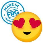 Sticker mit einem Herzaugen-Emoji und dem Text 'Made in FRG' in einem blauen Kreis.