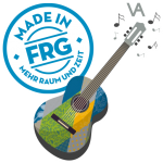 Bunte Gitarre mit dem Schriftzug 'Made in FRG' und Musiknoten in einem grafischen Design.