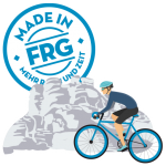 Illustration eines Fahrradfahrers neben einem 'Made in FRG' Aufkleber mit Felsen im Hintergrund.