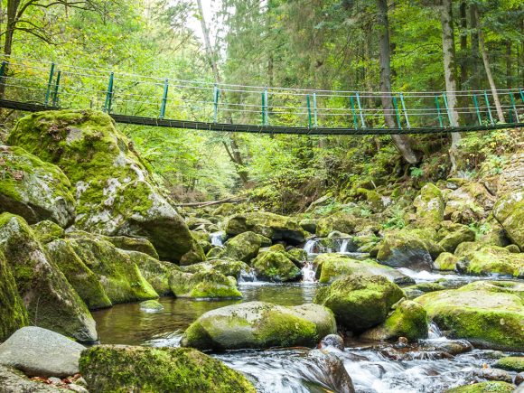 Hängebrücke aus Metall über einen klaren Bach, umgeben von moosbedeckten Steinen und Bäumen.