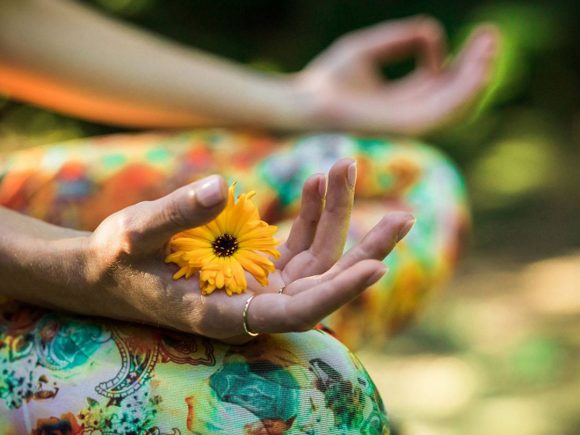 Hände einer Person in meditativer Haltung, die eine gelbe Blume halten, auf buntem Stoff.