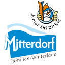 Logo des Familien-Winterlands Mitterdorf mit einem Schneemann und Skiausrüstung.