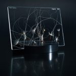 Transparente Platte mit feinen, organischen Strukturen auf schwarzem Sockel.