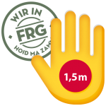 Grafik mit einer Hand und dem Text '1,5 m' zur Darstellung der Abstandsregelung in FRG.