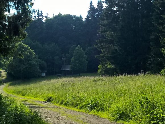 Ein Waldweg führt zu einer kleinen Kapelle, umgeben von Bäumen und Wiesen.