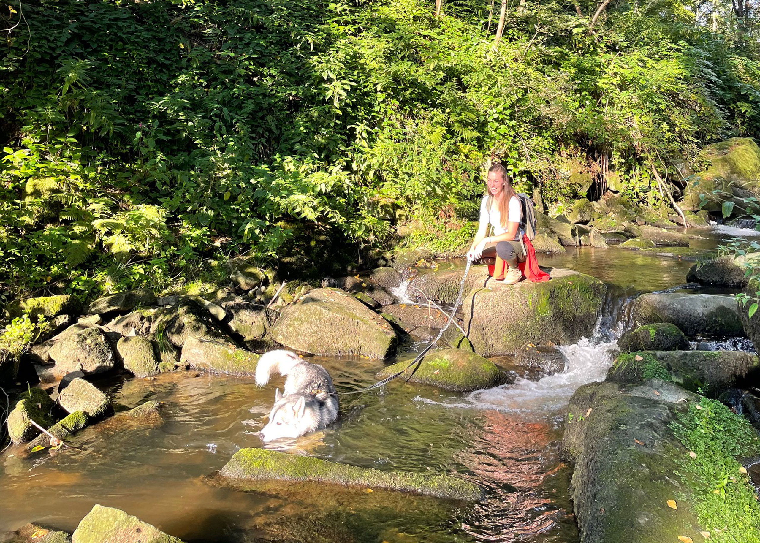 Eine Frau sitzt an einem Wasserlauf und hält einen Hund an der Leine, während der Hund im Wasser spielt.
