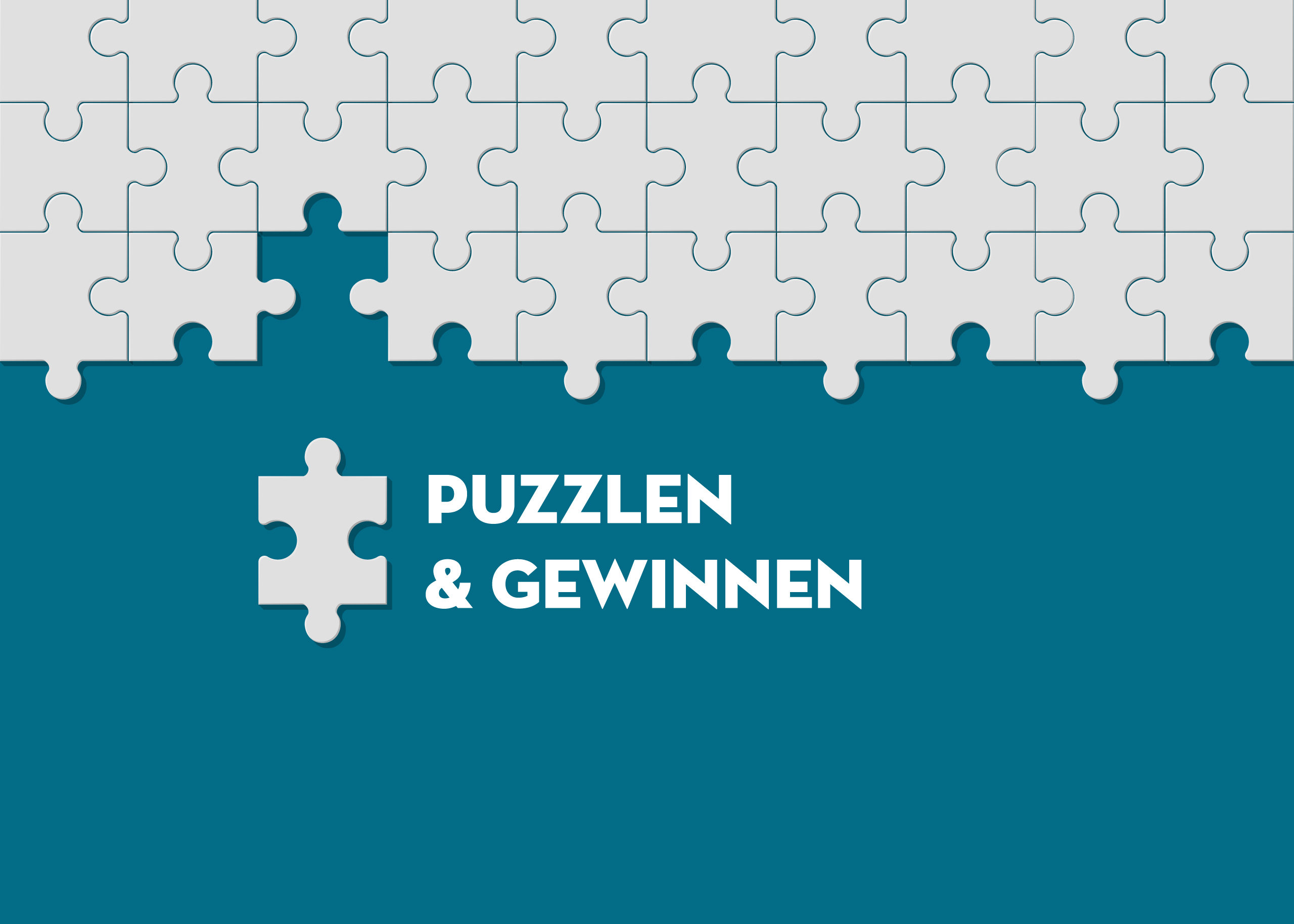 Puzzle mit einem fehlenden Teil und dem Text 'Puzzlen & Gewinnen' in weißer Schrift.