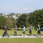 Sechs Personen beim Nordic Walking auf einem Weg in einer parkähnlichen Umgebung.