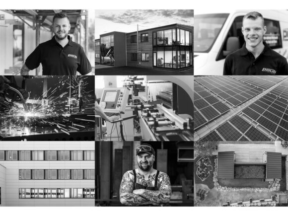 Schwarz-weiße Collage mit Mitarbeitern und Produktionsansichten in verschiedenen Arbeitsumgebungen.