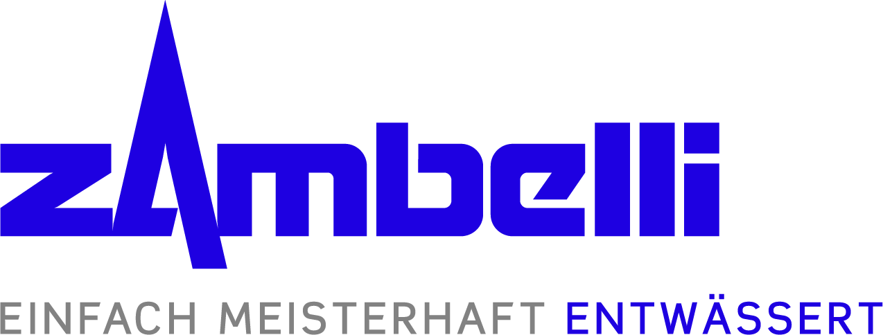 Logo von Zambelli mit dem Slogan 'Einfach meisterhaft entwässert' in blauer Schrift.