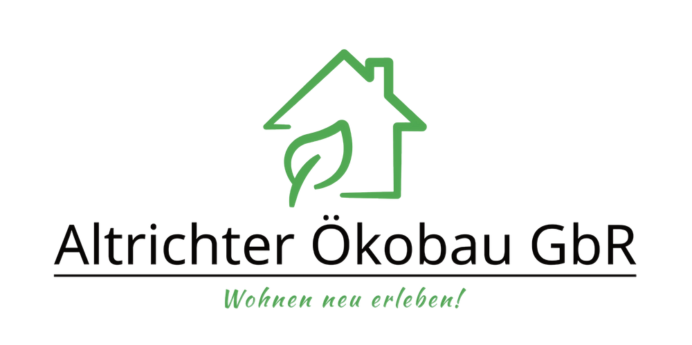 Logo von Altrichter Ökobau GbR mit einem Haus und einem Blatt in grüner Farbe.