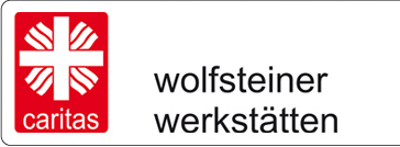 Logo der Caritas Wolfsteiner Werkstätten mit rotem Hintergrund und weißem Kreuz.