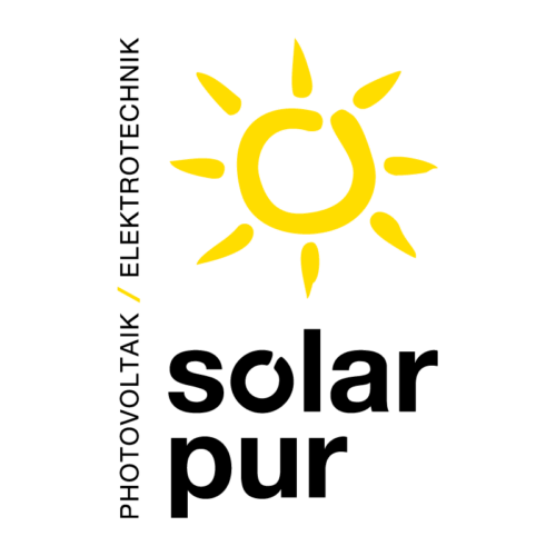 Logo von Solar Pur mit einem gelben Sonnenmotiv und dem Schriftzug in Schwarz.
