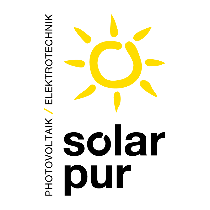 Logo von Solar Pur mit einem gelben Sonnenmotiv und dem Schriftzug in Schwarz.