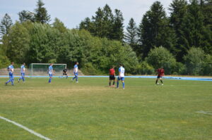 Zwei Fußballmannschaften spielen auf einem Sportplatz mit grünem Rasen und Bäumen im Hintergrund.