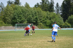 Zwei Fußballspieler in roten und blauen Trikots spielen auf einem Rasenfeld mit einem Ball.