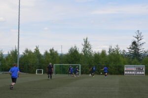 Spieler in blauen Trikots, die auf einem Fußballfeld spielen, mit einem Tor im Hintergrund.
