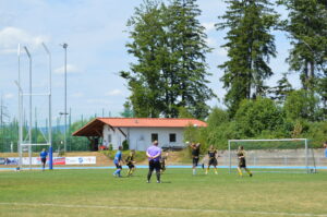 Spieler in gelben und schwarzen Trikots während eines Fußballspiels auf einem Sportplatz.