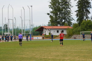 Fußballspieler in blauen und roten Trikots auf einem Spielfeld während eines Spiels.