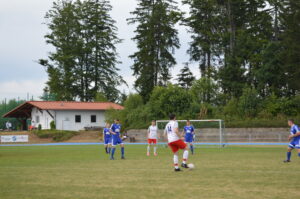 Fußballspieler in blauen und roten Trikots auf einem Spielfeld während eines Spiels.