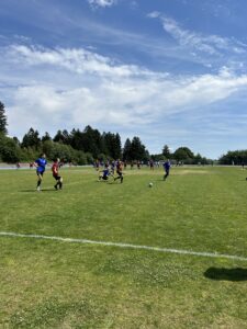 Zwei Gruppen von Spielern in blauen und roten Trikots spielen Fußball auf einem Rasenplatz.