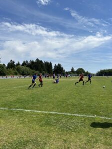 Zwei Gruppen von Spielern in blauen und roten Trikots spielen Fußball auf einem Rasenplatz.