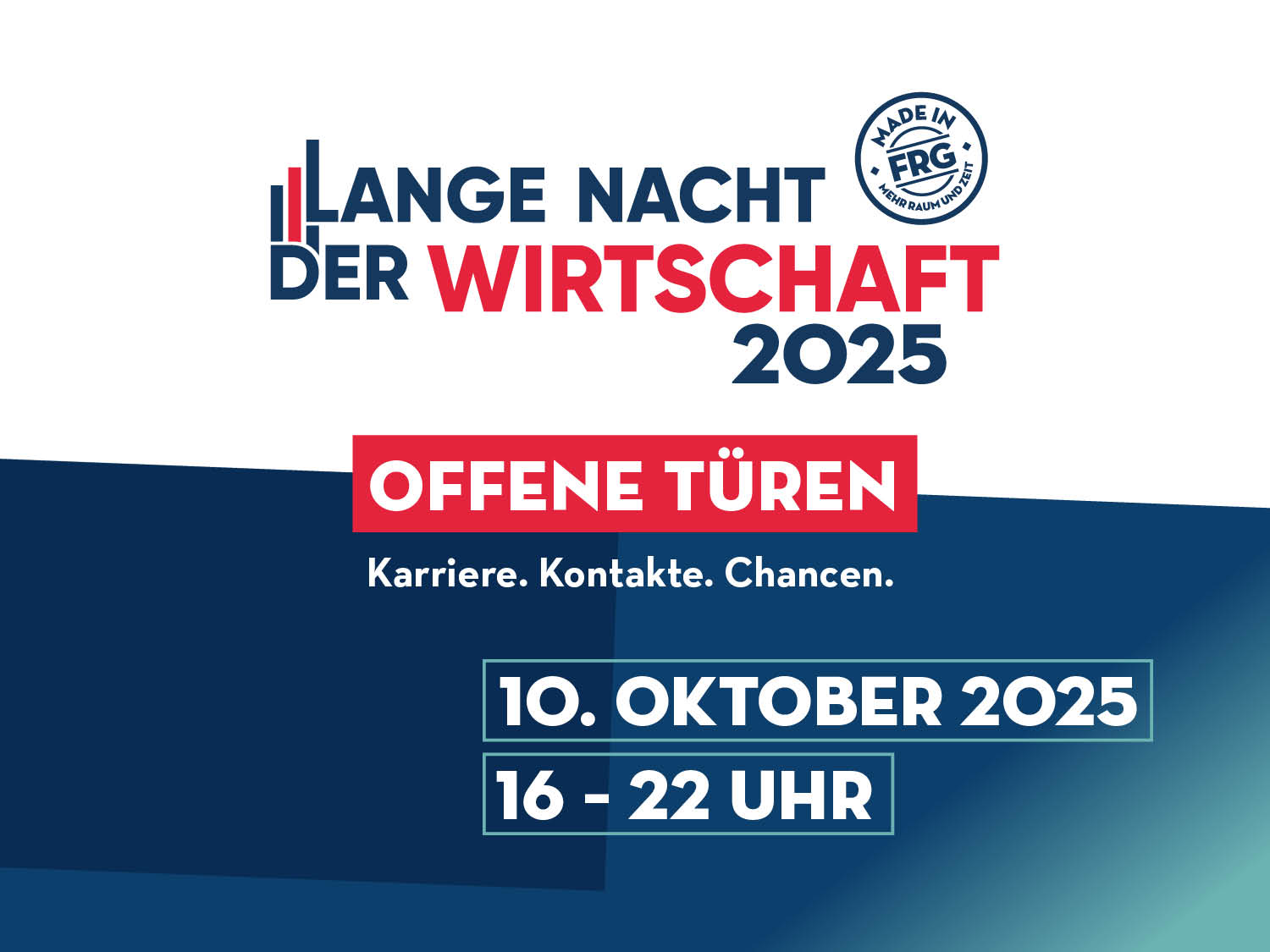 Plakat für die Lange Nacht der Wirtschaft 2025 mit Informationen zu offenen Türen und Veranstaltungen.