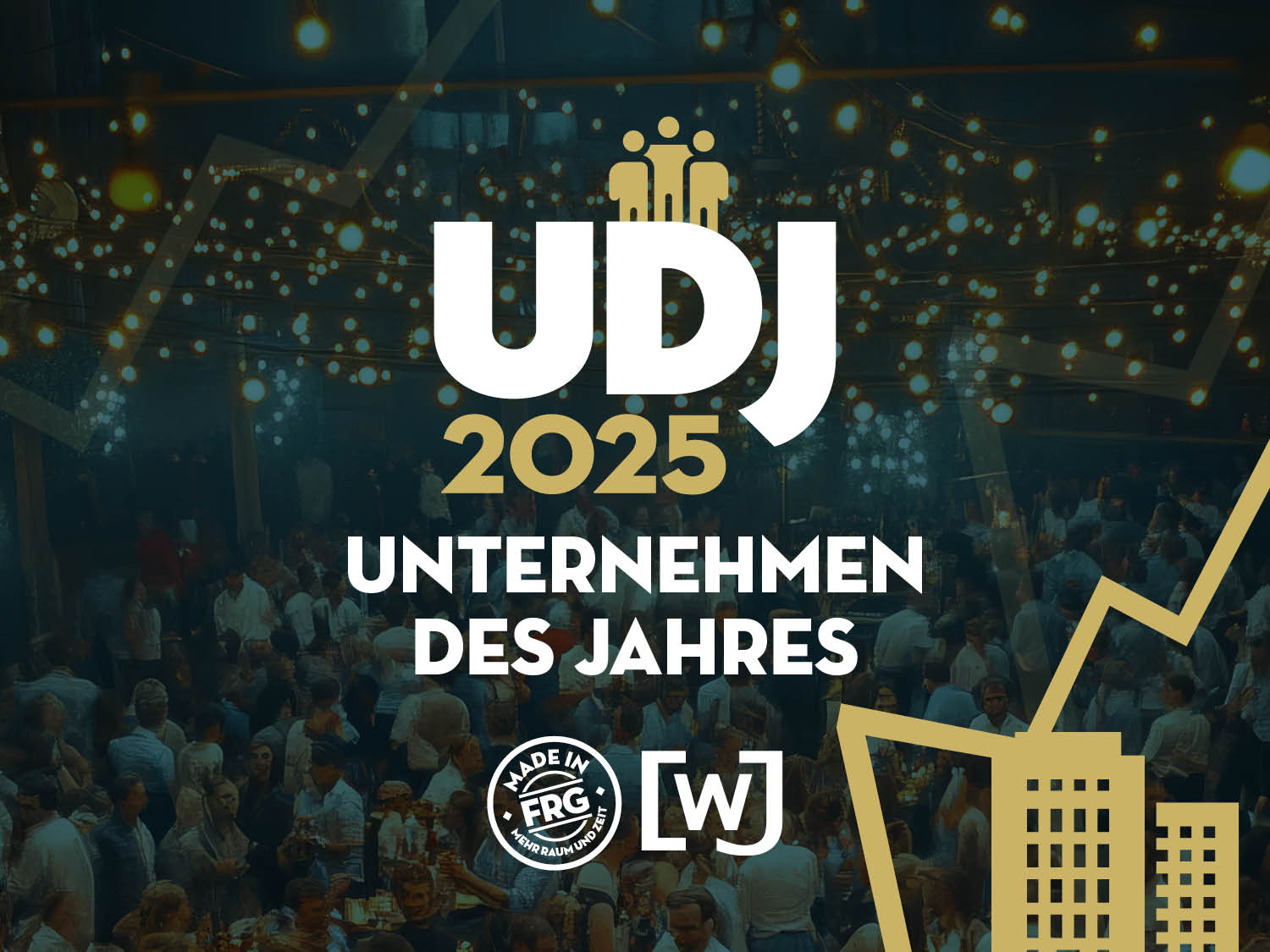 Logo der UDJ 2025 Veranstaltung mit dem Text 'Unternehmen des Jahres' und grafischen Elementen.