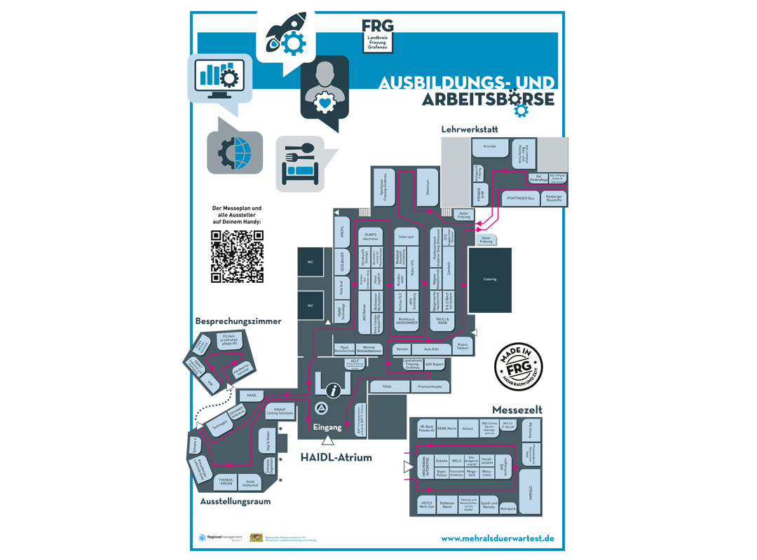 Messeplan der Ausbildungs- und Arbeitsbörse mit verschiedenen Bereichen und Räumen.