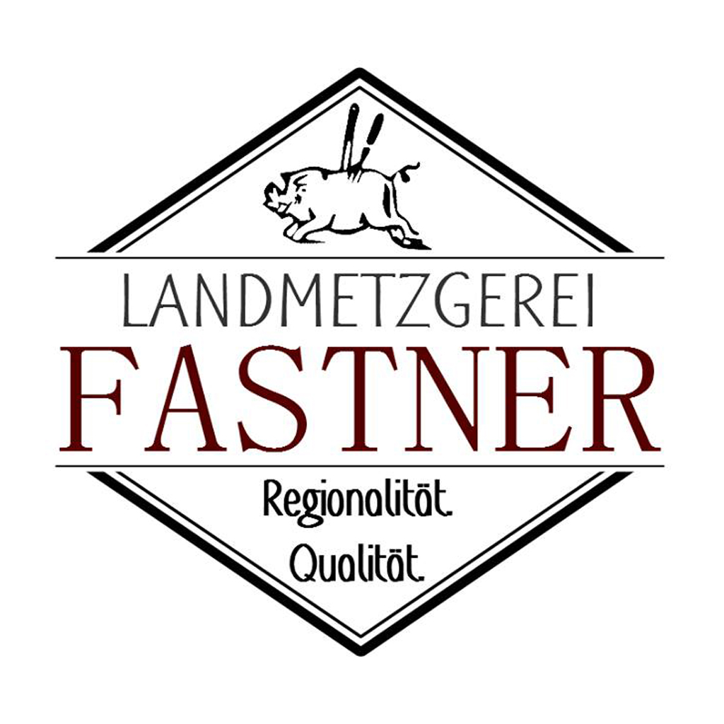 Logo der Landmetzgerei Fastner mit einem Schwein und zwei Messern.