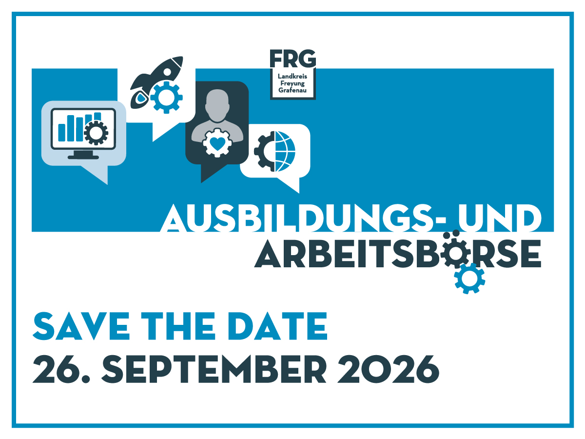Grafik zur Ausbildungs- und Arbeitsbörse mit Datum 26. September 2026 und verschiedenen Symbolen.
