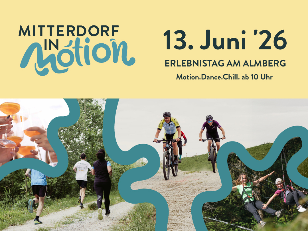 Beige Motion-Grafik mit türkisem Design: Mitterdorf in motion, 13. Juni ’26, Erlebnistag am Almberg, Motion.Dance.Chill ab 10 Uhr