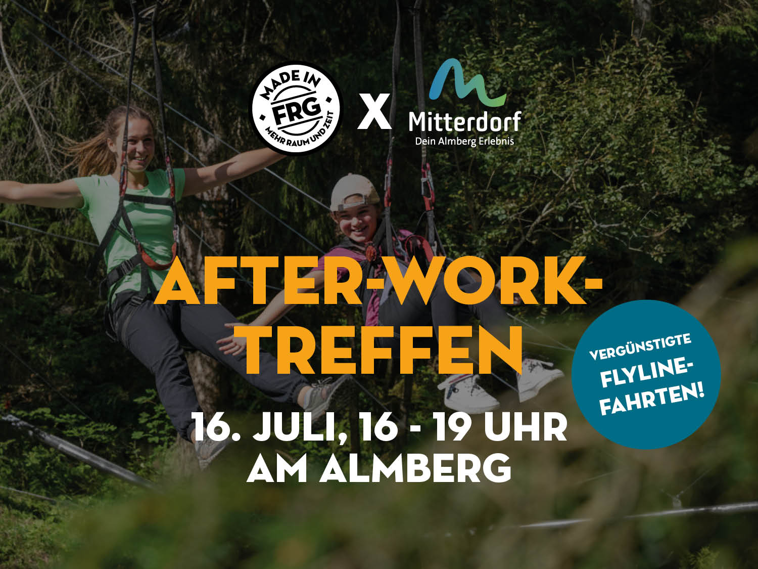 Zwei Personen schweben beim After-Work-Treffen am Almberg im Wald, während „Vergünstigte Flyline-Fahrten“ und das MADE in FRG Logo zu sehen sind.