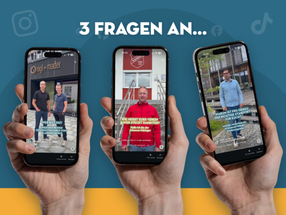 Drei Smartphones zeigen Reels der Reihe „3 Fragen an …“ mit Gesprächen über Unternehmen, Vereine und den Landkreis Freyung-Grafenau.