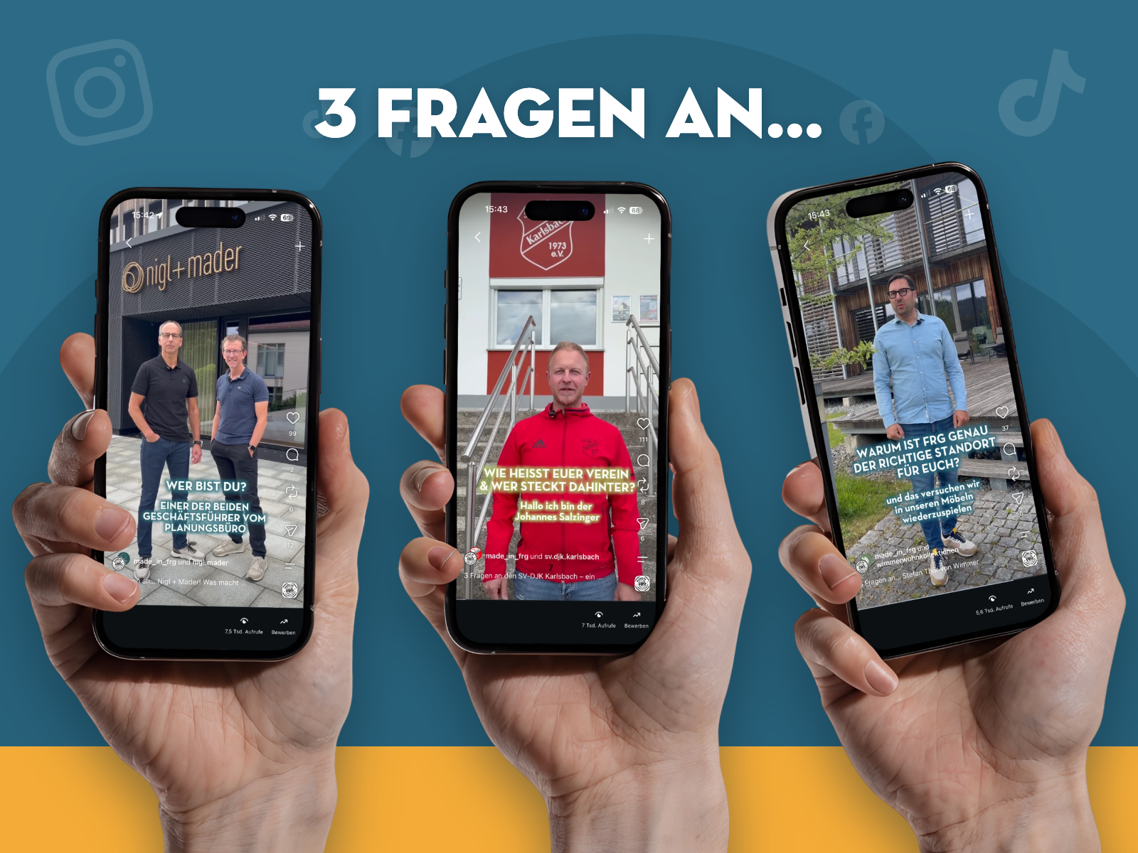 Drei Smartphones zeigen Reels der Reihe „3 Fragen an …“ mit Gesprächen über Unternehmen, Vereine und den Landkreis Freyung-Grafenau.