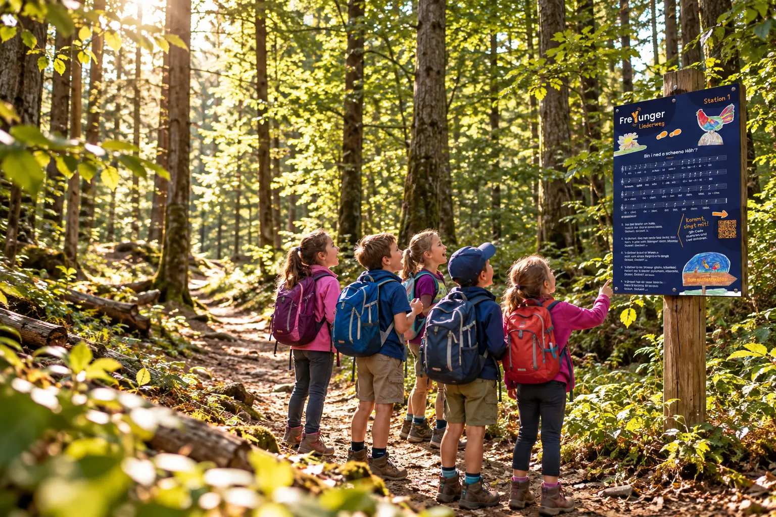 Fünf Grundschulkinder entdecken im Wald eine Station des Freyunger Liederwegs mit Liedtext, Noten und QR-Code zum Mitsingen.