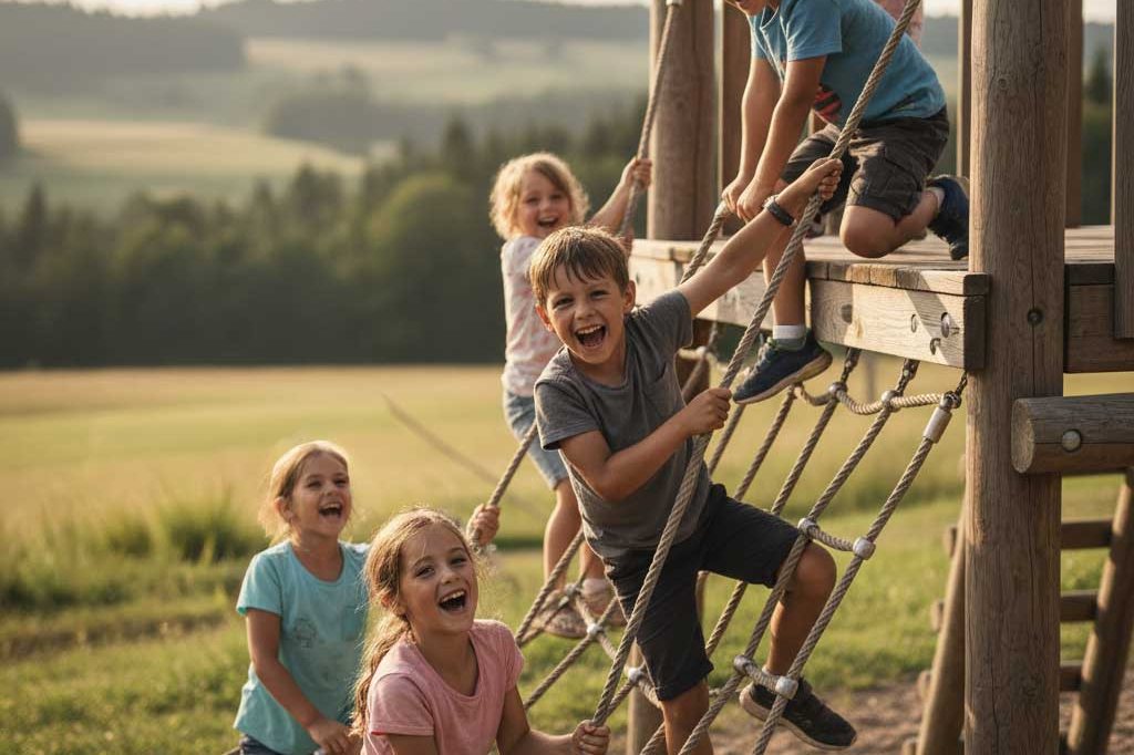 Auf einem Erlebnisweg im Bayerischen Wald klettern lachende Kinder an Seilen und Holzstämmen eines großen Spielgerüsts.